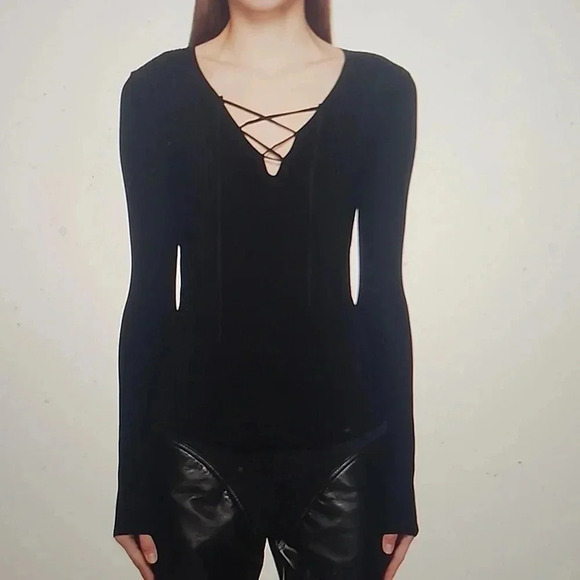 RAG & BONE BLACK CARRIE LACE-UP RIBBED- KNIT TOP SIZE XS - Picture 1 of 4